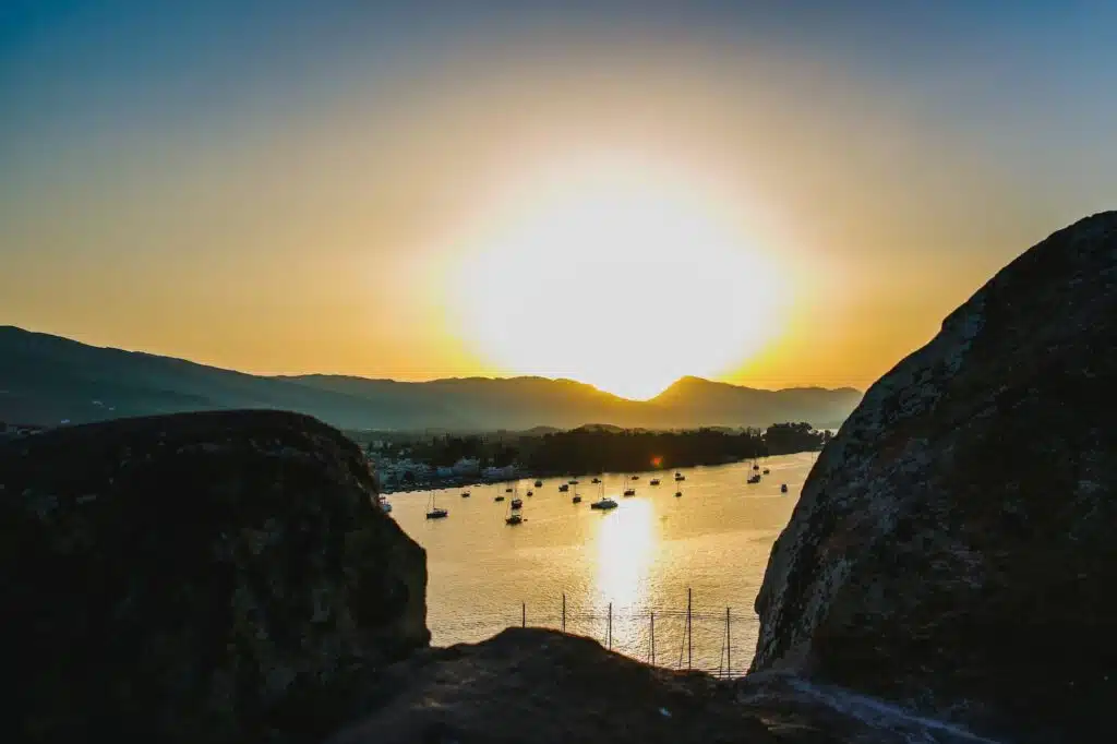 Coast of Paros island in Greece view from above in the sunset out of focus