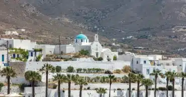 Paros island Cyclades Greece. Frankish Castle Fragiko Kastro and orthodox church in Parikia,